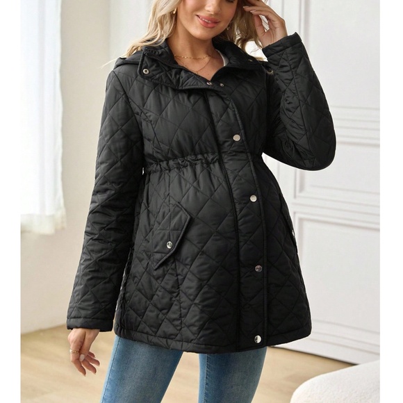 Maternity Black Quilted Pockets Zip up Snap Button Hoodie Jacket Coat - Picture 1 of 7